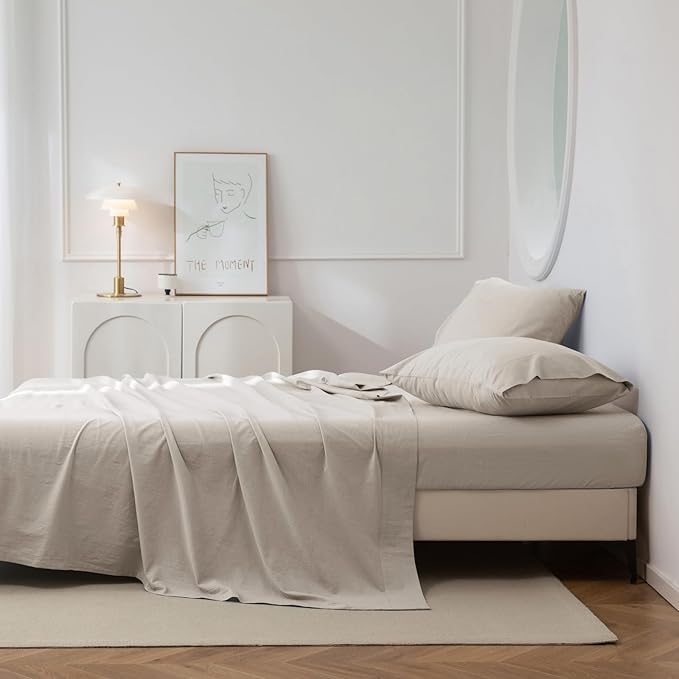 JIYUAN King Size Sheet Set, 4-Piece - 100% Washed Cotton, Linen-Like Soft & Breathable, Includes Deep Pocket Fitted & Flat Sheet with 2 Pillowcases, Hotel Quality, Heathered Cream Grey