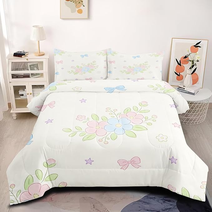 White Cute Cartoon Comforter Set for Girls Room Decor, 2Pcs Twin Size Pink Blue Botanical Floral Comforter Set (1 Comforter 68" x 90" and 1 Pillowcase) for Girls Room Decor