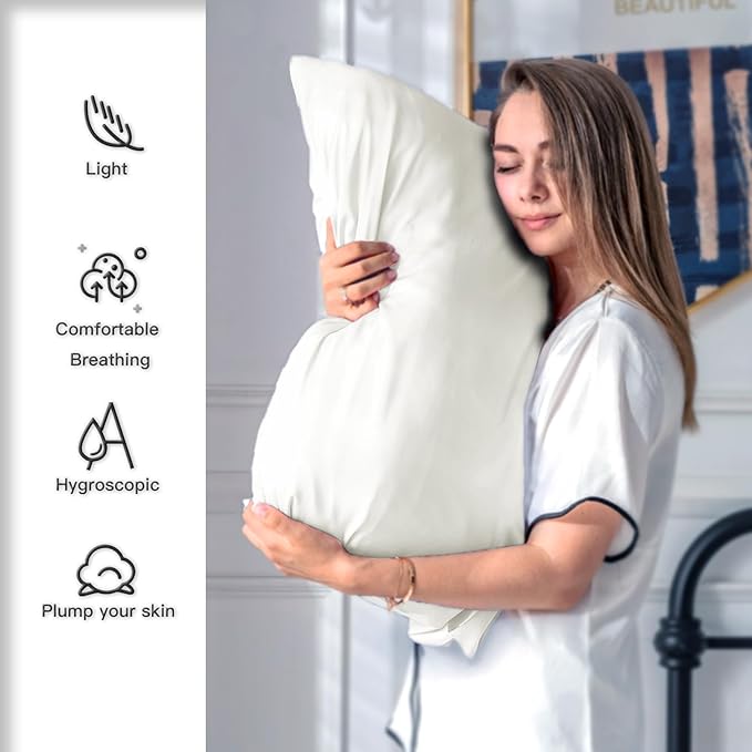 Natural Mulberry Silk Pillowcase for Hair and Skin Queen Size 20"X30" Pillow Case with Hidden Zipper Soft Breathable Smooth Cooling Silk Pillow Covers for Sleeping (Ivory,Queen,1Pcs)