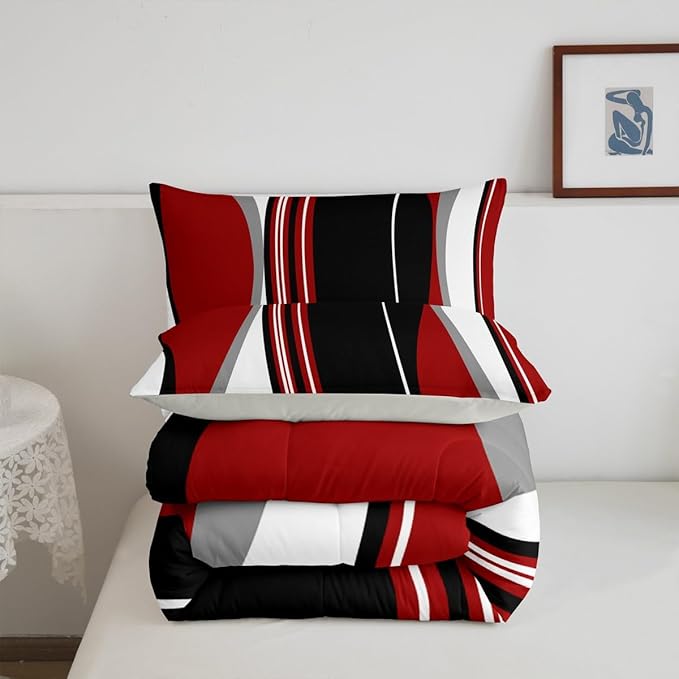 Erosebridal Red and Black Striped Twin Bedding Sets for Adult Women Men Grey Modern Abstract Comforter Set Geometric Stripes Lines Quilt Duvet Set Contemporary Art Boho Bed Collections for Minimalist
