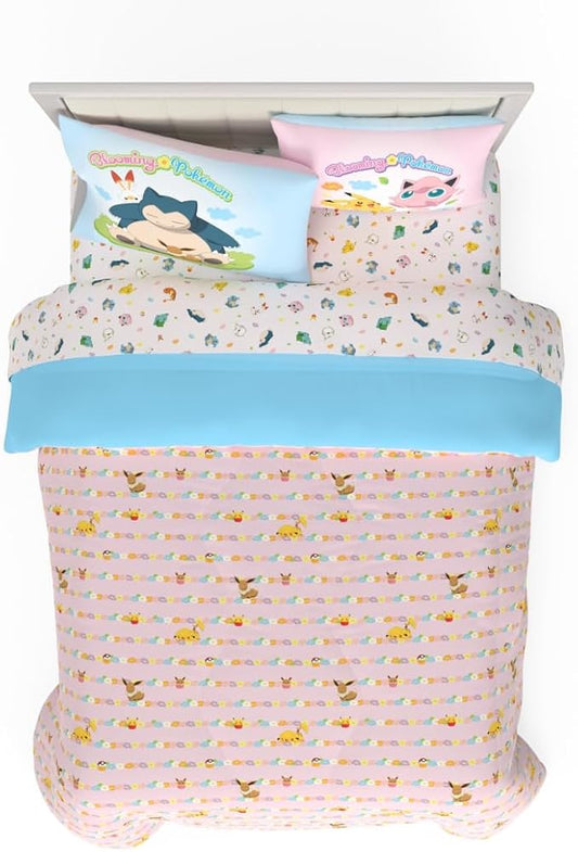 Pokemon Bedding Super Soft Comforter and Sheet Set with Sham, 5 Piece Full Size, Featuring Snorlax, Pikachu, Eevee & Jigglypuff (Officially Licensed Product) by Franco