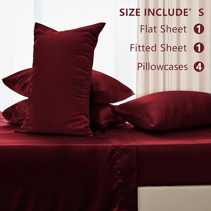 CozyLux Satin Sheets Queen Size Bed Set - 6 Piece Silky Queen Sheet Set, Luxury Burgundy Queen Sheets with Smooth and Soft Microfiber, Includes 1 Fitted Sheet, 1 Flat Sheet and 4 Pillowcases