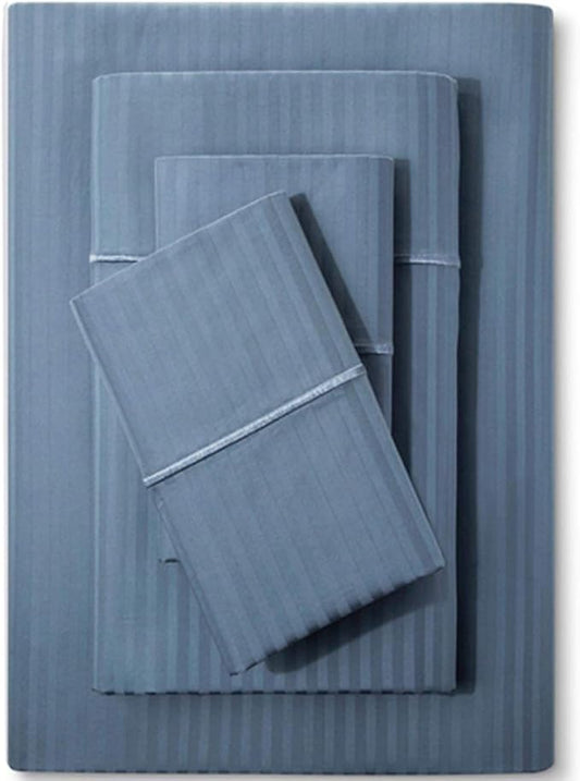 Feather & Stitch 500 TC Queen Size Damask Bed Sheet Set, 100% Cotton Soft Breathable Bedsheets, 4 Piece 18" Deep Pockets Sateen Weave Striped Bedding Mattress Resort Hotel Luxury Décor - (Blue Stripe)