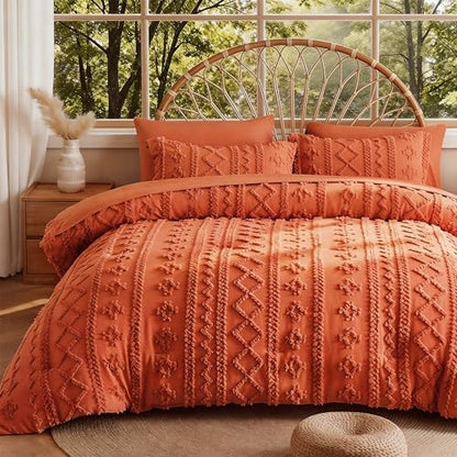 MR&HM King Size Comforter Set 7 Pieces, Boho Tufted Bedding Set Terracotta