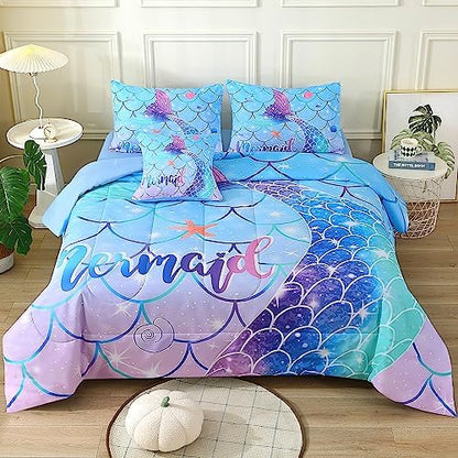 JQinHome Mermaid Comforter Set Full Size, 6 Piece Mermaid Tail Bed in A Bag,3D Colorful Mermaid Bedding Set for Girls Kids, Sparkle Teal Bedroom Decor Bedding Set with Sheets (Blue)