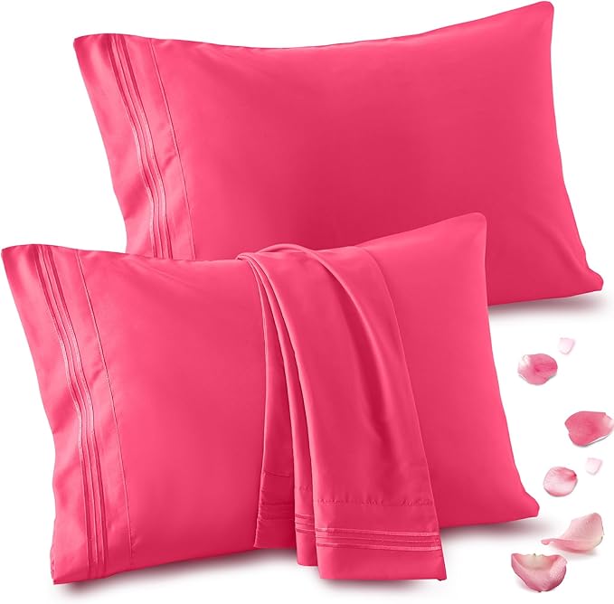 Vonty 2 Pack Queen Pillow Cases - 20x30 Inch, 1800 Thread Count Microfiber Pillowcases Queen Size Hot Pink Luxury & Soft Embroidered Bed Pillow Covers with Envelope Closure