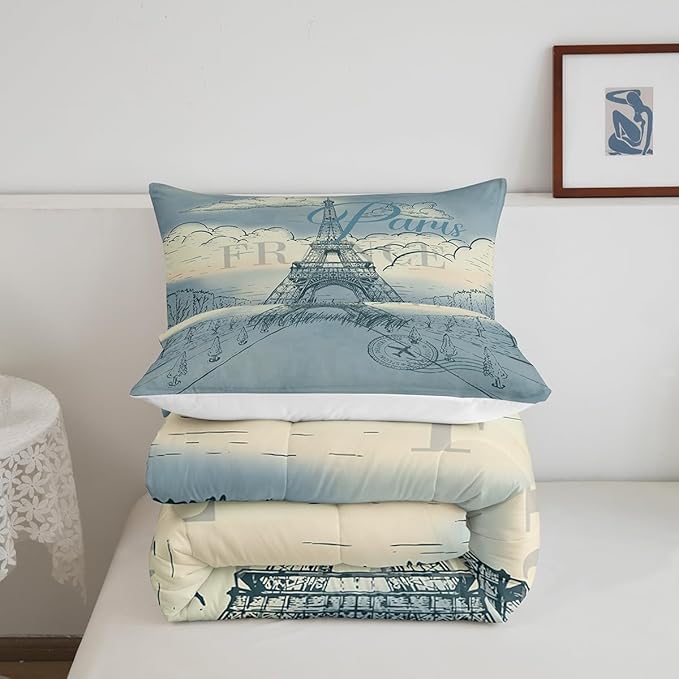 Castle Fairy Eiffel Tower Boys Girls Comforter Set Full Size,Retro Paris Style Duvet Sets Teens Bedroom Decor,Vintage Cityscape Boys Girls Landmark Brushed Microfiber Soft Bedding Comforter