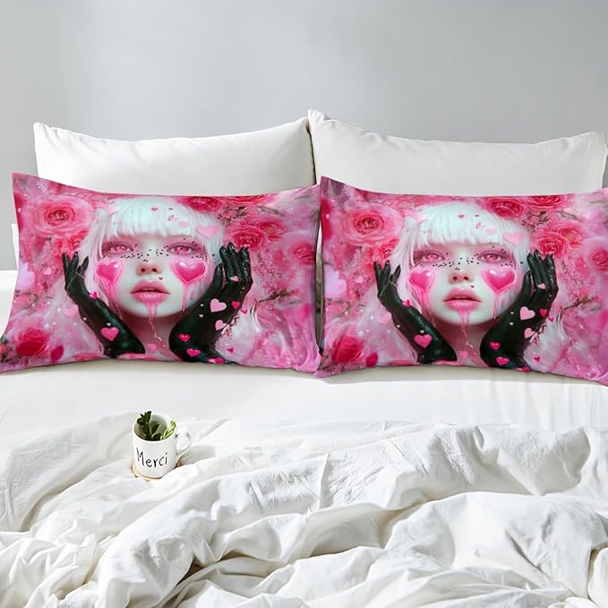 Erosebridal Japanese Girl Fitted Sheet Pink Rose Floral Flowers Bed Sheets Queen Size Anime Decor Bed Set, 3D Anime Gifts for Girls Sheets with 2 Pillowcases - 3 Pieces