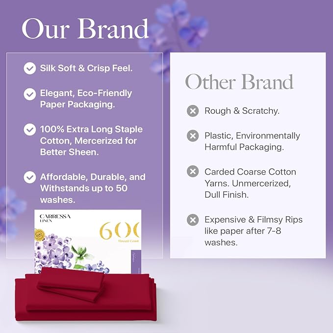 Carressa Linen California King Egyptian Cotton Sheet Sets - 600 Thread Count Cal King Cotton Sheet Set (4 PC, True Red), Extra Soft, Cooling, 16" Deep Pocket Sateen Weave Luxury Hotel Bed Sheets Set
