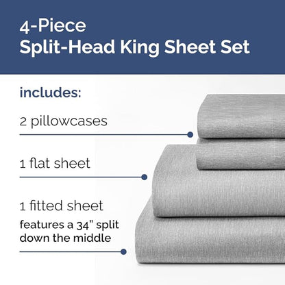 Flex Top Split Head King 4 Piece Sheet Set - Comfy Breathable & Cooling Bed Sheets Set - Hotel Luxury Bedding for Women, Men, Kids, Teens, Boys & Girls - Deep Pockets, Soft, Oeko-Tex - Heathered Grey