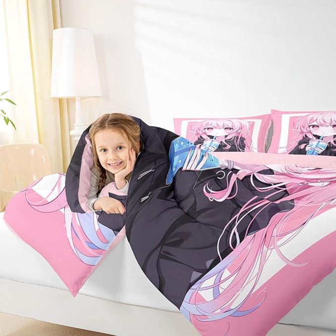 Erosebridal 3D Japanese Kids Comforter Set | Anime Girl Drinking Milk Tea Bedding King,Cute Kawaii Girly Down Comforter Modern Fashion Aesthetic Duvet Set for Bedroom