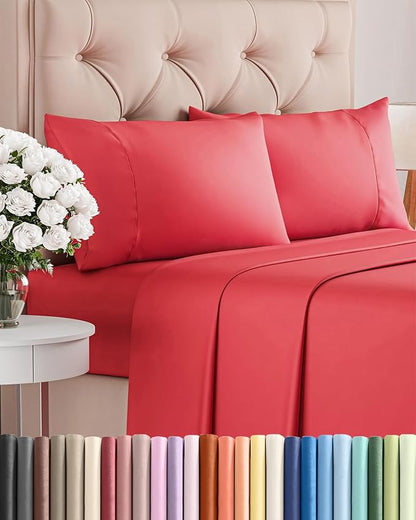 Twin XL 4 Piece Sheet Set - Comfy Breathable & Cooling - Ultra Soft Hotel Luxury Bedding Set w/ 8-16 Inch Deep Pockets - 1 Flat & 1 Fitted Sheet & 2 Pillowcases - Cozy, Wrinkle Free & Easy Care - Red