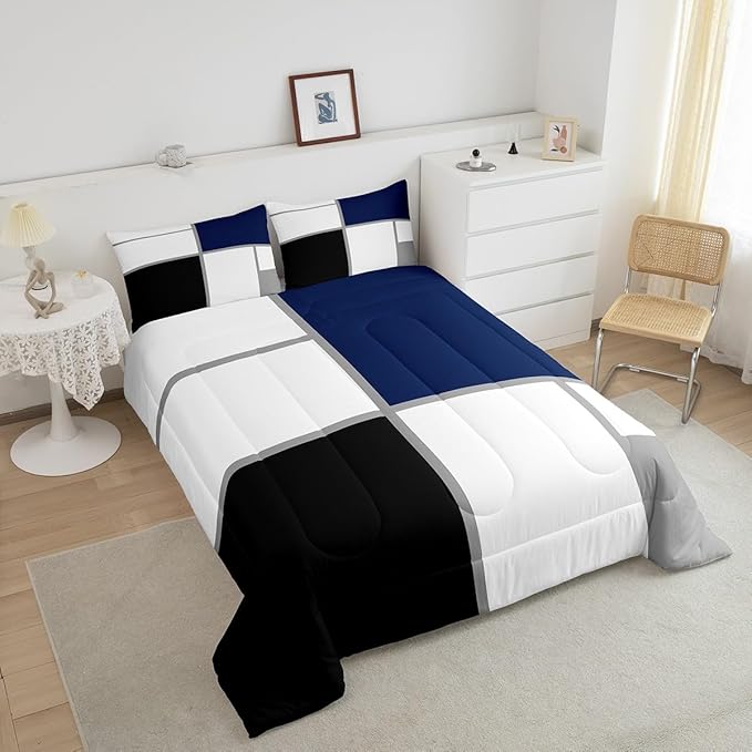 Erosebridal Geometric Comforter Set Full Size for Adults Teens,Black and White Abstract Bedding,Navy Blue Striped Grid Quilt for Minimalist,Modern Art Patchwork Bedding Comforter Sets