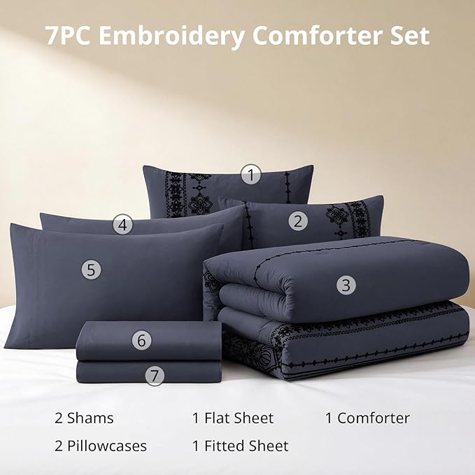 MaiRêve King Size Comforter Set Crown Blue, Embroidery Floral Western Boho Bedding Set, All Season 7 Pieces Bed in a Bag with Sheets, Pillowcases & Shams