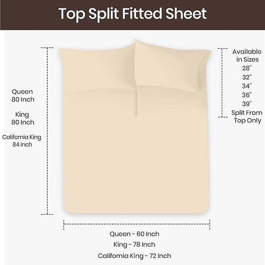 SGI bedding Adjustable Split Head Flex Top Queen 34" Microfiber Sheet Set – Ultra Soft, Cooling & Deep Pocket 15” Fitted, 4-Piece Breathable & Durable Bedding Set for Split Queen Beds -Beige