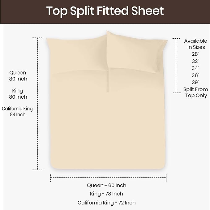 SGI bedding Adjustable Split Head Flex Top King 34" Microfiber Sheet Set – Ultra Soft, Cooling & Deep Pocket 15” Fitted, 4-Piece Breathable & Durable Bedding Set for Split King Beds -Beige