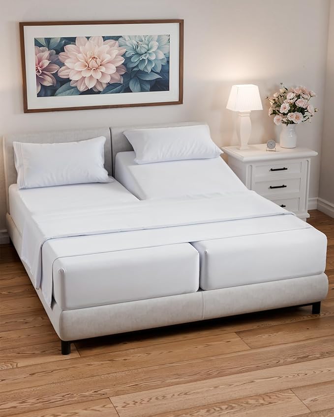Split Queen Sheets - Easy-Fit, Wrinkle-Resistant, Designed for Split Queen Mattress – Split Queen Sheets Sets Fits 14" to 16" Deep Pockets – Premium Extra Soft, Queen Split Fitted Sheet Set – White