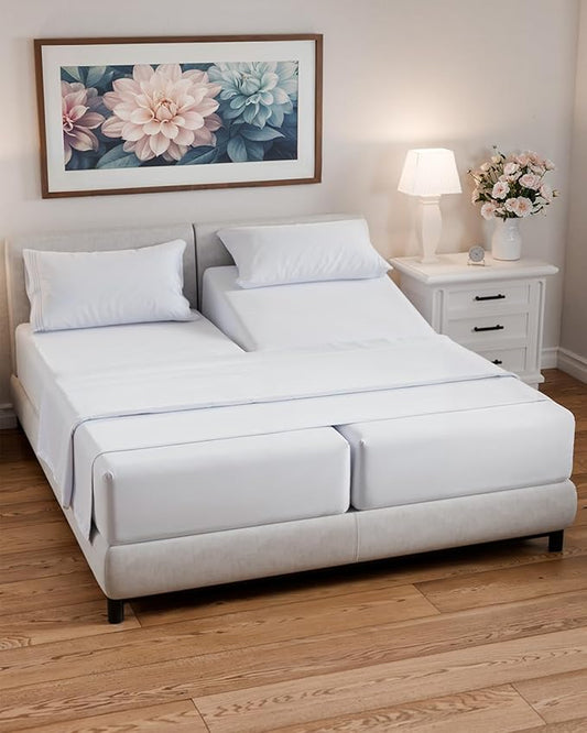 Split Queen Sheets - Easy-Fit, Wrinkle-Resistant, Designed for Split Queen Mattress – Split Queen Sheets Sets Fits 14" to 16" Deep Pockets – Premium Extra Soft, Queen Split Fitted Sheet Set – White