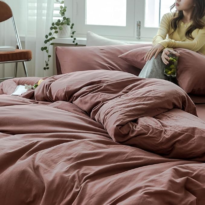 LifeTB Brick Red Duvet Cover Twin XL Size Soft Jersey Knit Cotton Bedding Set Minimalist Clay Rust Red Comforter Cover 3 Pieces Solid Color Bedding Knitted Cotton Duvet Cover with 2 Pillowcases