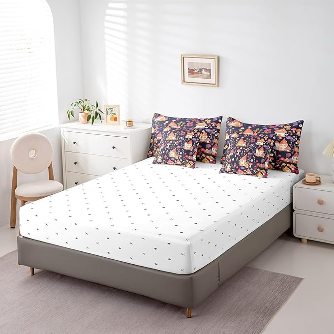 Castle Fairy Groovy Flowers 7 Pieces Bedding Set Twin Bed in a Bag,Watercolor Dreamy Flowers House Comforter Set for Bedroom Decor,Cartoon Jungle Mushroom Plants Soft Warm Microfiber Bedding