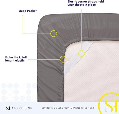 Queen Size Bed Sheets - Breathable Luxury Sheets with Full Elastic & Secure Corner Straps Built In - 1800 Supreme Collection Extra Soft Deep Pocket Bedding Set, Sheet Set, Queen, Gray