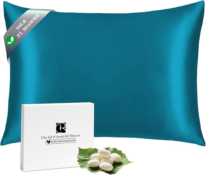 Ravmix Silk Pillow Cases with Zipper, 21momme Mulberry Silk Pillowcase for Hair Skin Health, Soft Smooth Breathable Cool Pillow Cover for Beauty Sleep with Gift Box 1PC(Queen 20"x30", Peacock Blue)