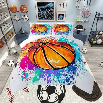 Castle Fairy Boys Basketball Comforter Set Queen Size Watercolor Tie-dye Bedding Set for Kids Boys Bedroom Decoration Sports Basketball Bed Duvet Insert Hippie Comforter with 2 Pillowcase