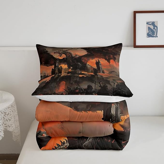 3D Dragon Comforter Set King Size,Vintage Old Castle Bedding Set for Kids Boys Girls Room Decor,Fire Dragon Wildlife Theme Duvet Insert 3Pcs,Grey Red Retro Microfiber Soft Quilt Set,2 Pillowcases