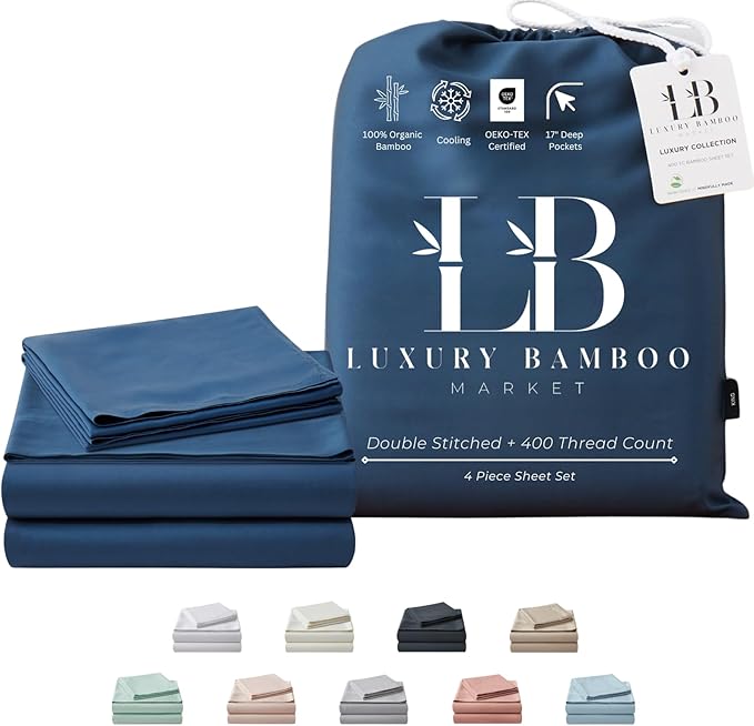 | Split King Size Sheet Set | 2 Fitted Sheets for Sleep Number & Adjustable Beds | Organically Grown | Ultra Soft & Cooling |100% Viscose | 17" Deep Pocket [Midnight Blue]