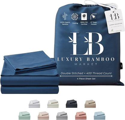 | Split King Size Sheet Set | 2 Fitted Sheets for Sleep Number & Adjustable Beds | Organically Grown | Ultra Soft & Cooling |100% Viscose | 17" Deep Pocket [Midnight Blue]