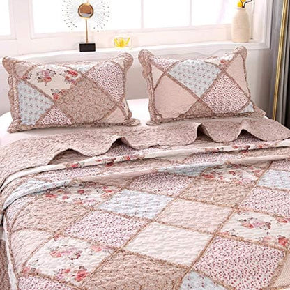 Full/Queen Size Quilt Set Pink Floral Patchwork Bedspreads Bedding Set