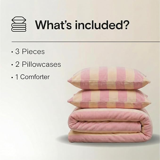 Bedbay Pink Striped Comforter Set Queen Luxury Velvet Comforter Set Cozy Reversible Fleece Soft & Warm Fluffy Flannel Bedding Set Blush Yellow Stripes Pattern Queen Bed Set 3 Pcs with Pillowcases