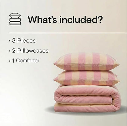 Bedbay Pink Striped Comforter Set Queen Luxury Velvet Comforter Set Cozy Reversible Fleece Soft & Warm Fluffy Flannel Bedding Set Blush Yellow Stripes Pattern Queen Bed Set 3 Pcs with Pillowcases
