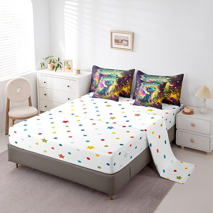 7 Pieces Full Size Kawaii Dragon Comforter Set,Fantasy Fairy Tale Jungle Bedding Set for Kids Room Decor,Cartoon Magical Wildlife (Comforter+Fitted+Flat Sheet+2 Pillowcases+2 Throw Pillow Covers