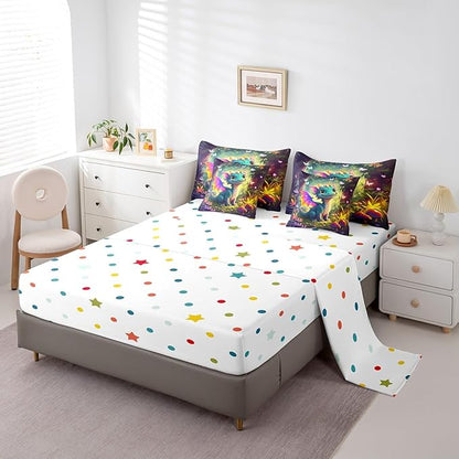 7 Pieces King Size Kawaii Dragon Comforter Set,Fantasy Fairy Tale Jungle Bedding Set for Kids Room Decor,Cartoon Magical Wildlife (Comforter+Fitted+Flat Sheet+2 Pillowcases+2 Throw Pillow Covers