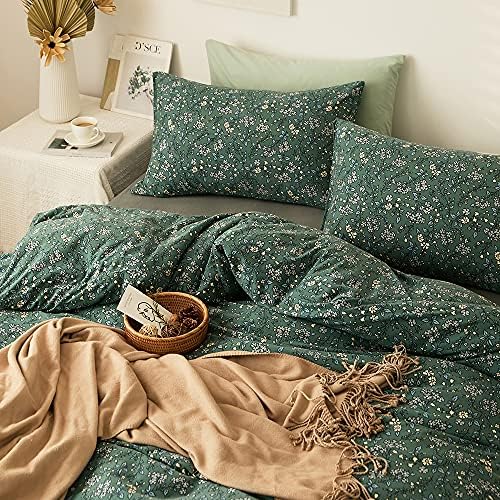 LifeTB Green Floral 100% Jersey Knit Cotton Duvet Cover Queen Vintage Style Botanical Floral Bedding Set Chic Shabby Green Floral Comforter Cover Girl Women Flower Bedding Cover with 2 Pillowcases
