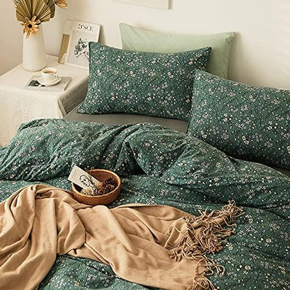 LifeTB Green Floral 100% Jersey Knit Cotton Duvet Cover Queen Vintage Style Botanical Floral Bedding Set Chic Shabby Green Floral Comforter Cover Girl Women Flower Bedding Cover with 2 Pillowcases