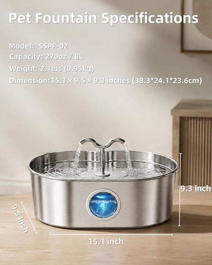8L/270oz/2Gallon Stainless Steel Dog Water Fountain Pet Fountain | Automatic Pet Water Dispenser - Self-Designed Filtration System - Ultra-Quiet Pump - Easy Cleaning & Maintenance (3 Filters)