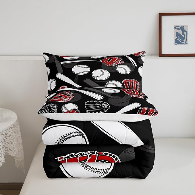 Erosebridal Baseball Comforter Set Queen Cartoon Baseballs Bedding Set 3D Ball Sport Games Bedding Comforter Sets Black White Gray Quilt Soft Bedroom Decor Gift for Teens Boys
