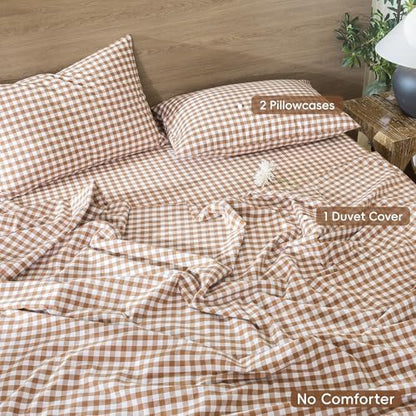 MooMee Gingham Duvet Cover Set 100% Washed Cotton Linen Like