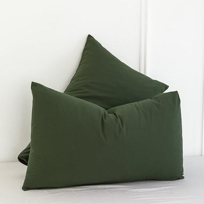 MooMee Bedding Pillowcases Pack of 2 100% Washed Cotton Linen Like Textured Breathable Durable Soft Comfy (Solid Olive Green, Queen)