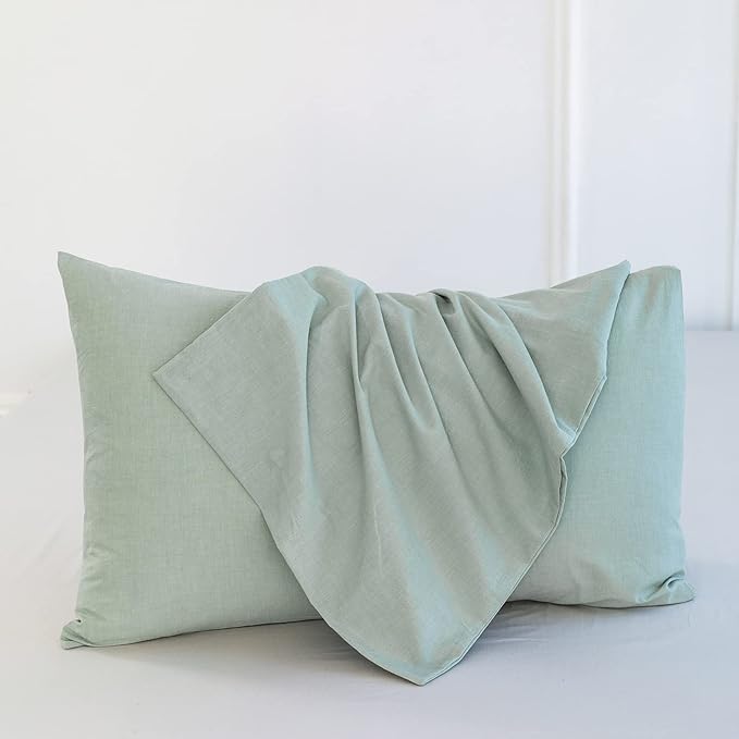 MooMee Bedding Pillowcases Pack of 2 100% Washed Cotton Linen Like Textured Breathable Durable Soft Comfy (Heathered Sage Green, King)