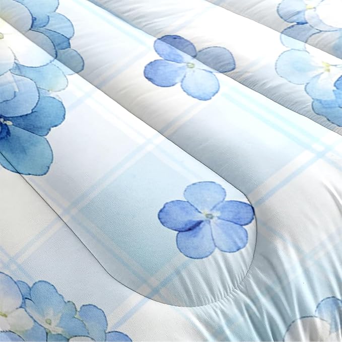 Girls Women 3Pcs Blue Hydrangea Comforter Set, Botanical Floral Bedding Set Full Size, Cottage Bed Sets with 1 Comforter 79"x 90" and 2 Pillowcases