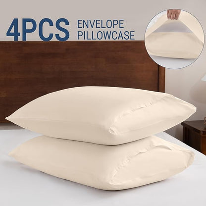 Pillowcases King 4 Pack, 20x36 Pillow Cases with Envelope Closure, Soft Plain Brushed Microfiber Covers Breathable Wrinkle-Resistant, Beige