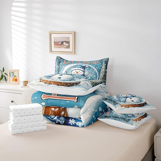 Winter Snowman Comforter Set 7 Pieces,Merry Christmas Theme Bed Set,Snow Botanical Plants Bedding Bed in a Bag Soft,King (1 Comforter,2 Pillowcase,2 Pillow Covers,1 Flat Sheet,1 Fitted Sheet)