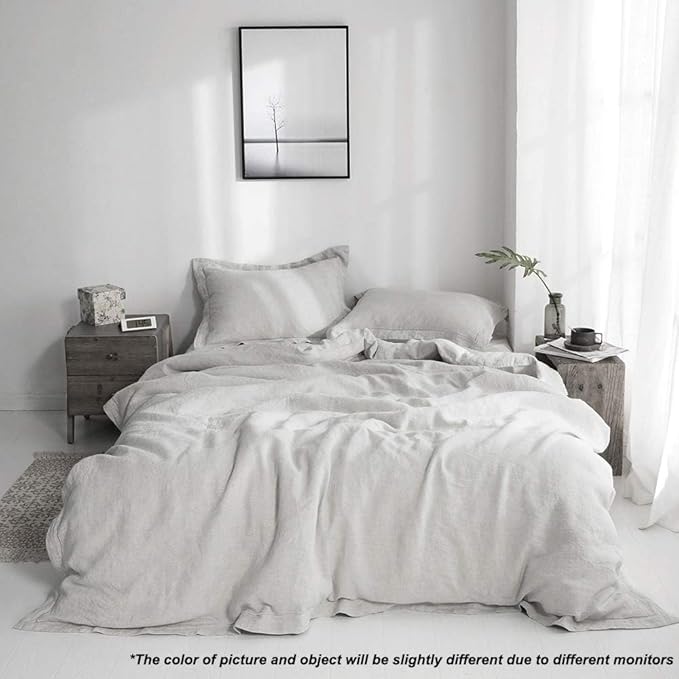 Simple&Opulence 100% French Flax Linen Duvet Cover Set with Embroidery Washed - 3 Pieces (1 Duvet Cover with 2 Pillow Shams) with Button Closure Soft Breathable Farmhouse - Light Grey, King Size