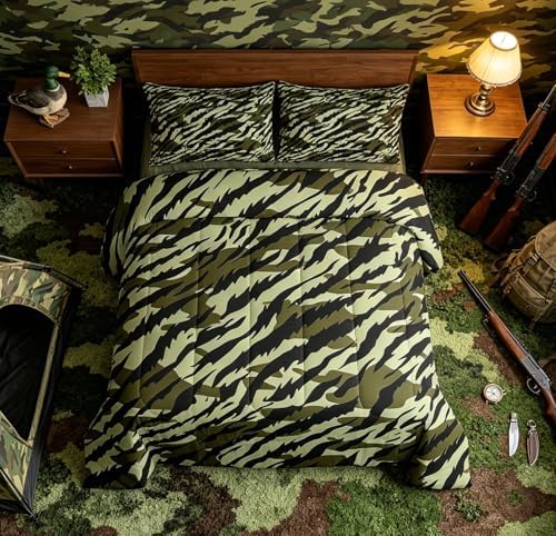 Feelyou Camouflage Comforter Set Full Size Military Style Bedding Set for Kids Boys Girls Army Green Duvet Quilt Green Camo Bedroom Decor Microfiber 3 Pcs with 2 Pillow Cases