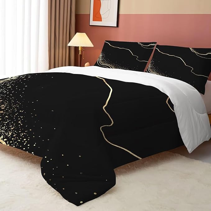 Marble Comforter Set Full/Queen Size Black and Gold Bedding for Girls Teen Women Men Bedroom Decor Texture Luxury Marbling Quilt Bed Sets, 1 Comforter 2 Pillowcases