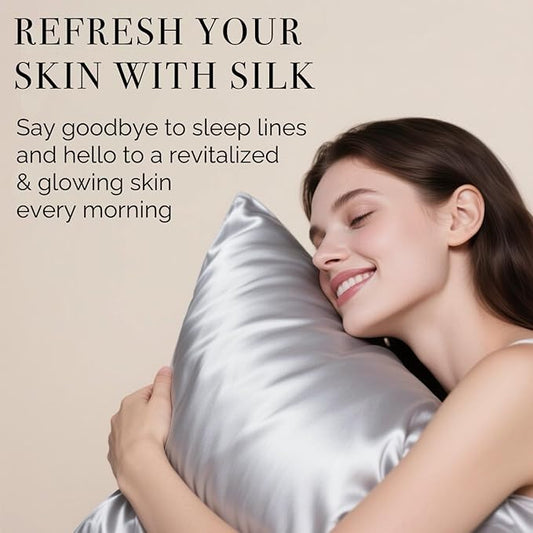 Ravmix Silk Pillow Cases with Zipper, 21momme Mulberry Silk Pillowcase for Hair Skin Health, Soft Smooth Breathable Cool Pillow Cover for Beauty Sleep with Gift Box 1PC(King 20"x36", Silver Grey)