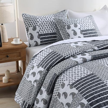 HIARUO Quilt Set Twin Size, 2 Pieces Bedspread Coverlet Plaid Patchwork Quilt Farmhouse Twin Size Comforter Set Lightweight Bedding with 1 Pillow Cover Sham for All Season Gray